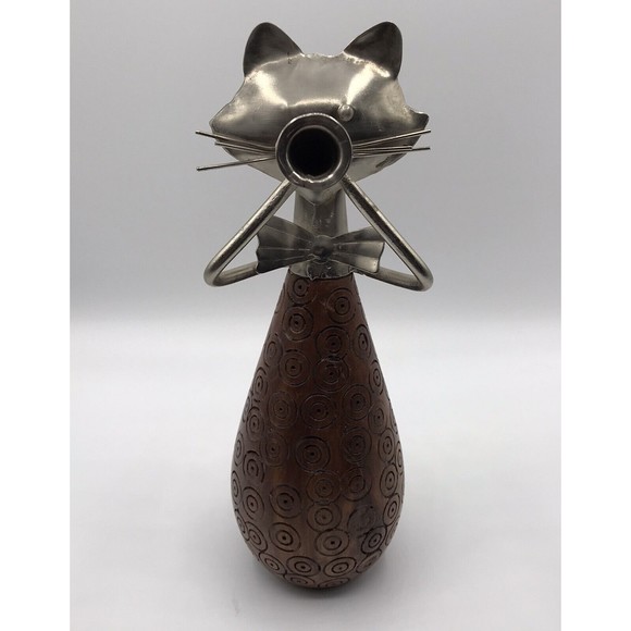 Pier 1 Carved Wood & Metal Cat Figurine Playing Trumpet Horn 10" - Picture 3 of 16
